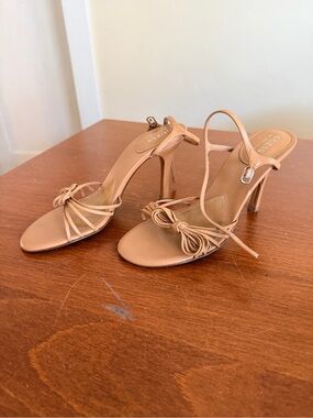 GUESS by Marciano Nude Patent Bow Strappy Stiletto Sandals — Size 7M